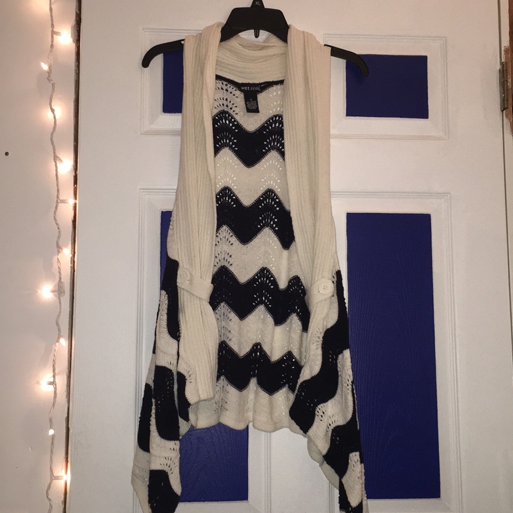 Navy blue and white striped cardigan sweater
